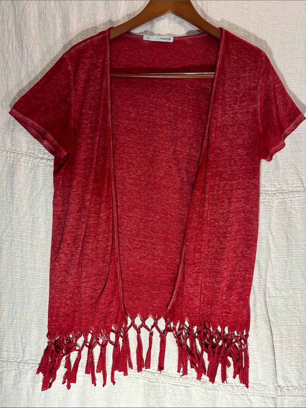 Maurices Red Short Sleeve Open Front Cardigan with Fringe Burnout Knit - Picture 7 of 13